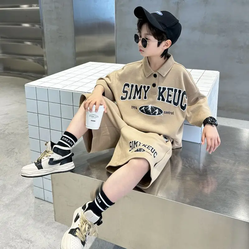 2023 Summer Boys Clothes Set Teen Short Felpa + Pantaloni Abbigliamento Per Bambini Solid Kids Boy Sport Suits 4 6 8 10 12 14 Anni