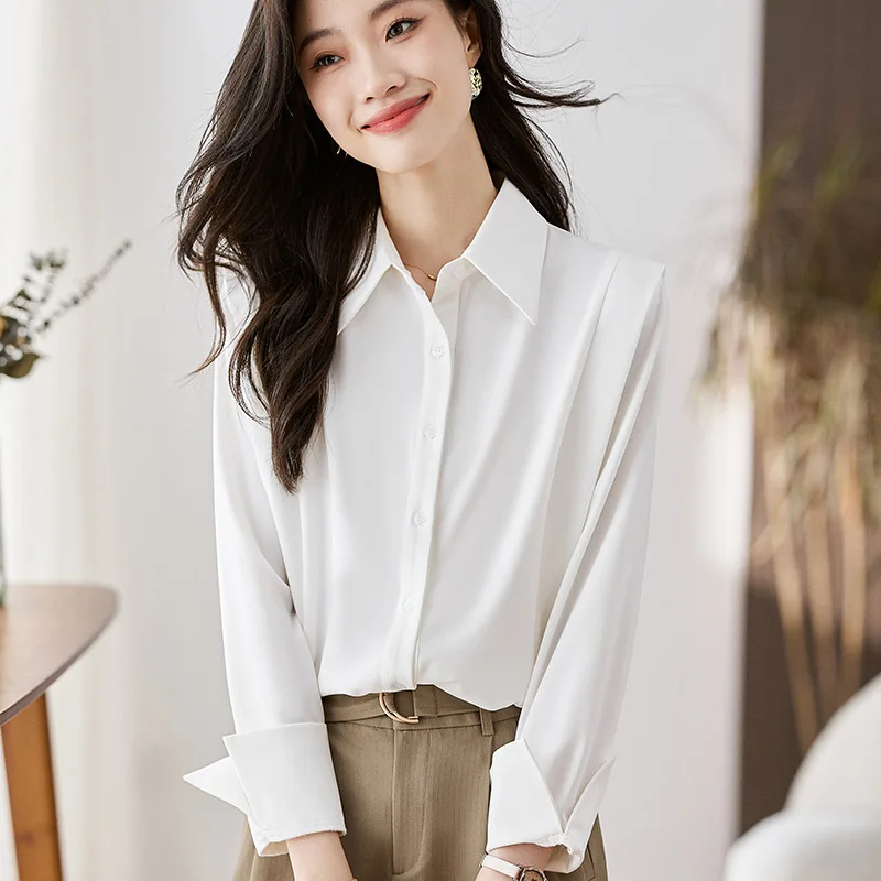 2024 Spring New French White Chic Chiffon Blouses Women Clothing Casual Fashion Design Sense Long Sleeved Shirts Lady Sweet Tops