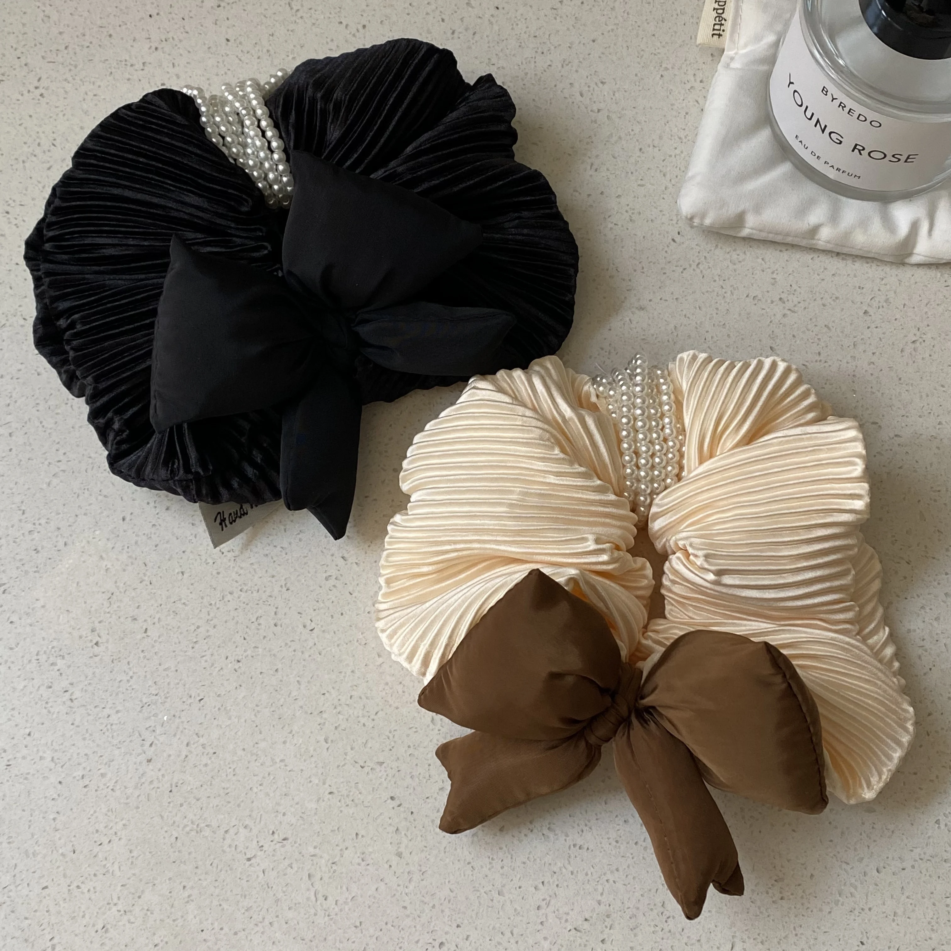 1PC  Pleated Bow Hair Scrunchies With Pearls, Beige And Black, Elegant Hair Accessories For Women
