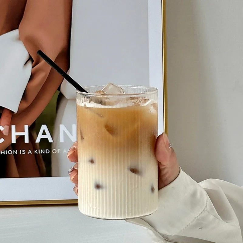 Household Vertical Pattern Milk Cup, Iced Coffee Beverage Cup, Transparent Glass, Large Capacity, Single-layer New