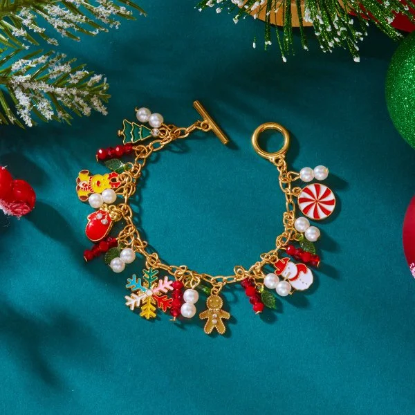 Braccialetto natalizio da donna, oro festivo con Babbo Natale, pupazzo