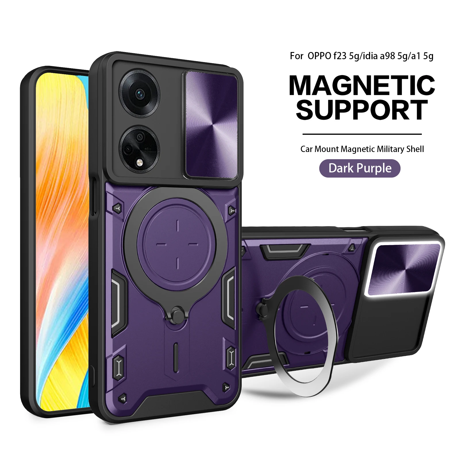 

Luxury Slide Camera Case for Oppo A98 A1 F23 Car Mount Magnetic Holder Armor Shockproof Soft Edges Hard Phone Cover OppoA98A1F23