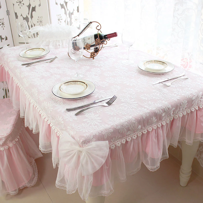 Korean Lace Tablecloth Garden Fresh Pink Bow Home Diningtable Cloth Rectangular European Wedding Decor Cloth Custom Chair Cover 2