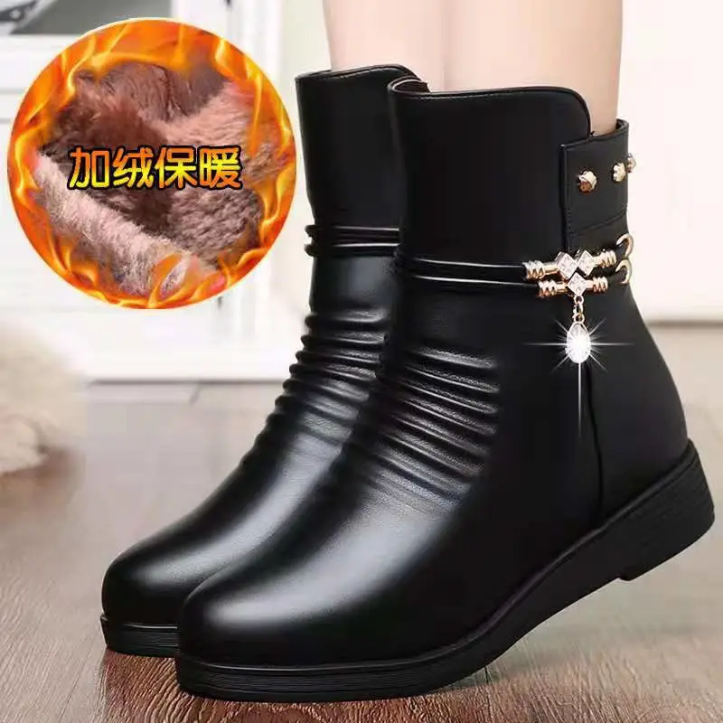 Genuine Leather Boots Women Wool Thick Women Winter Leather Boots