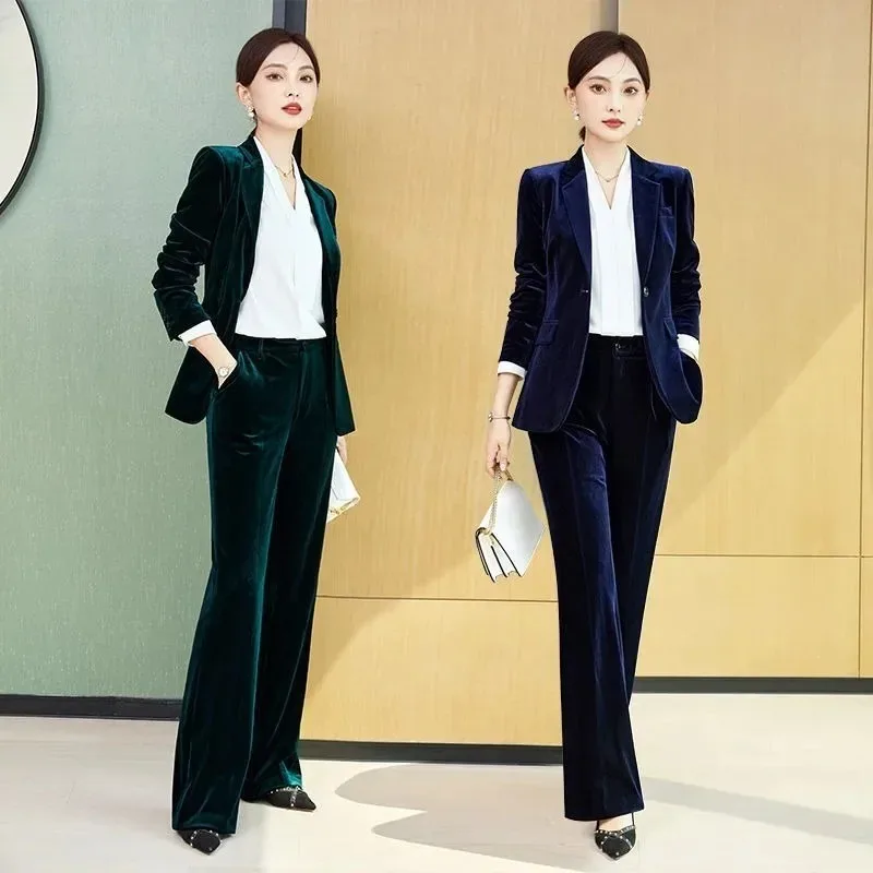 Business Women's Clothing Two Piece Set Leisure Jacket 2023 New Spring Autumn Fashion Temperament Goddess Fan Pants Suit pleuche