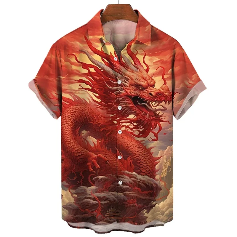 thumbnail image 1 of Camisa de Año Nuevo 2024 para hombre, camisas de manga corta con cuello de solapa a la moda, blusas y camisas con estampado 3D de dragón geniales, 1 of 4