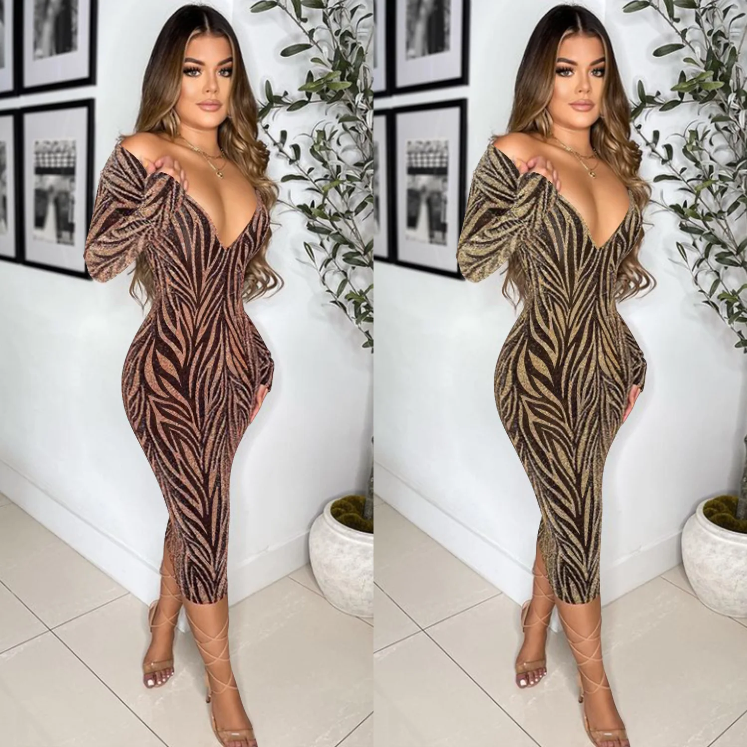 

2022 Spring Sexy Women's Deep V Long Sleeve Mid Length Pants Dress