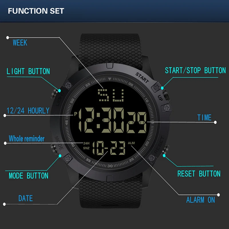 YIKAZE LED Men Sports Watch Black Dial Multifunction Men's Digital Watch Alarm Clock Stopwatch Fitness Electronic Wristwatch man 6