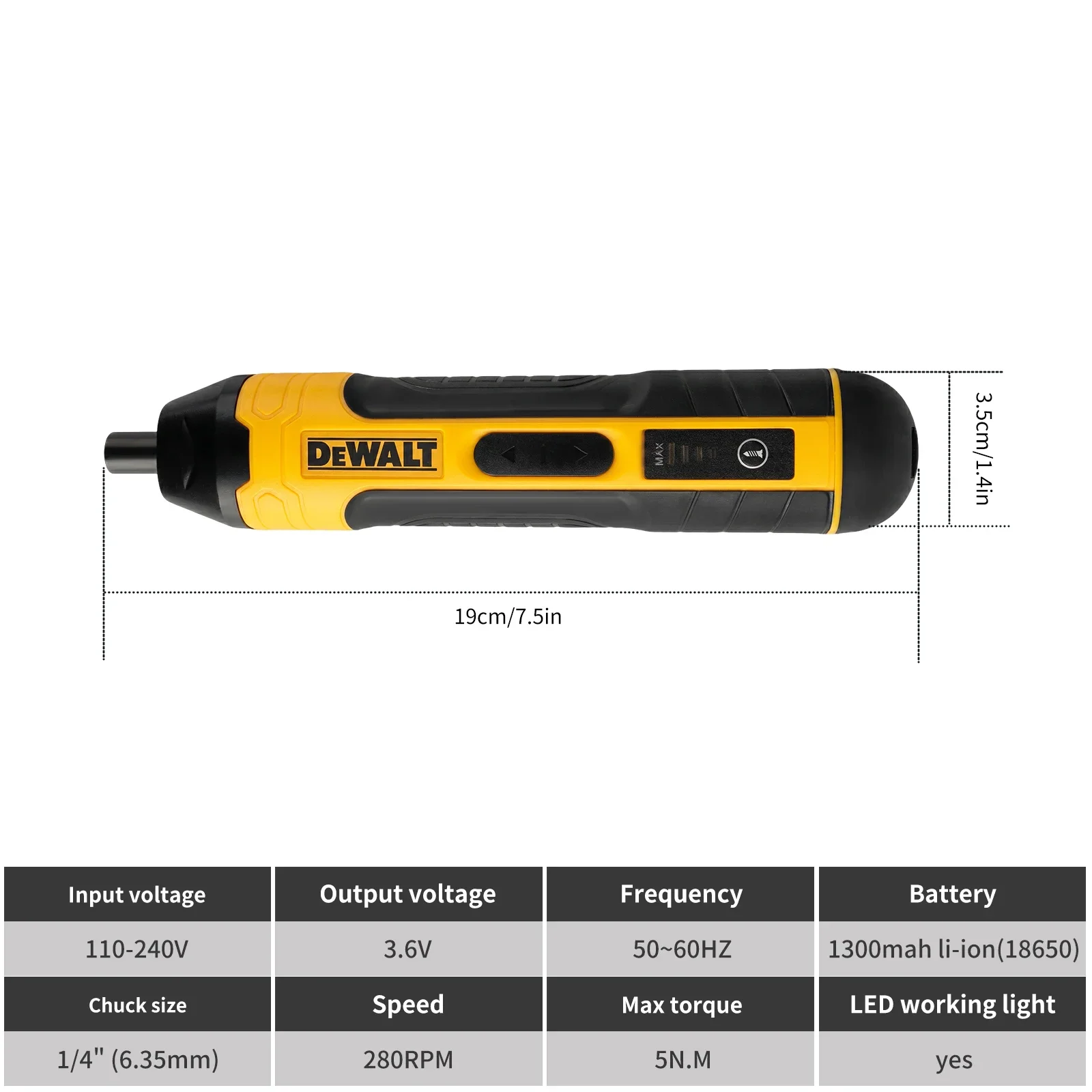 새로운 DEWALT 충전식 전기 드라이버, 4개의 토크 기어, 5N.m 최대 토크, 280RPM, DIY 수리 작업용 USB 충전 LED 라이트