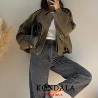 KONDALA Casual Soft Martini Green Bomber Jackets Women Long Lantern Sleeve Oversized Autumn Winter Coats Fashion 2025 Outwears