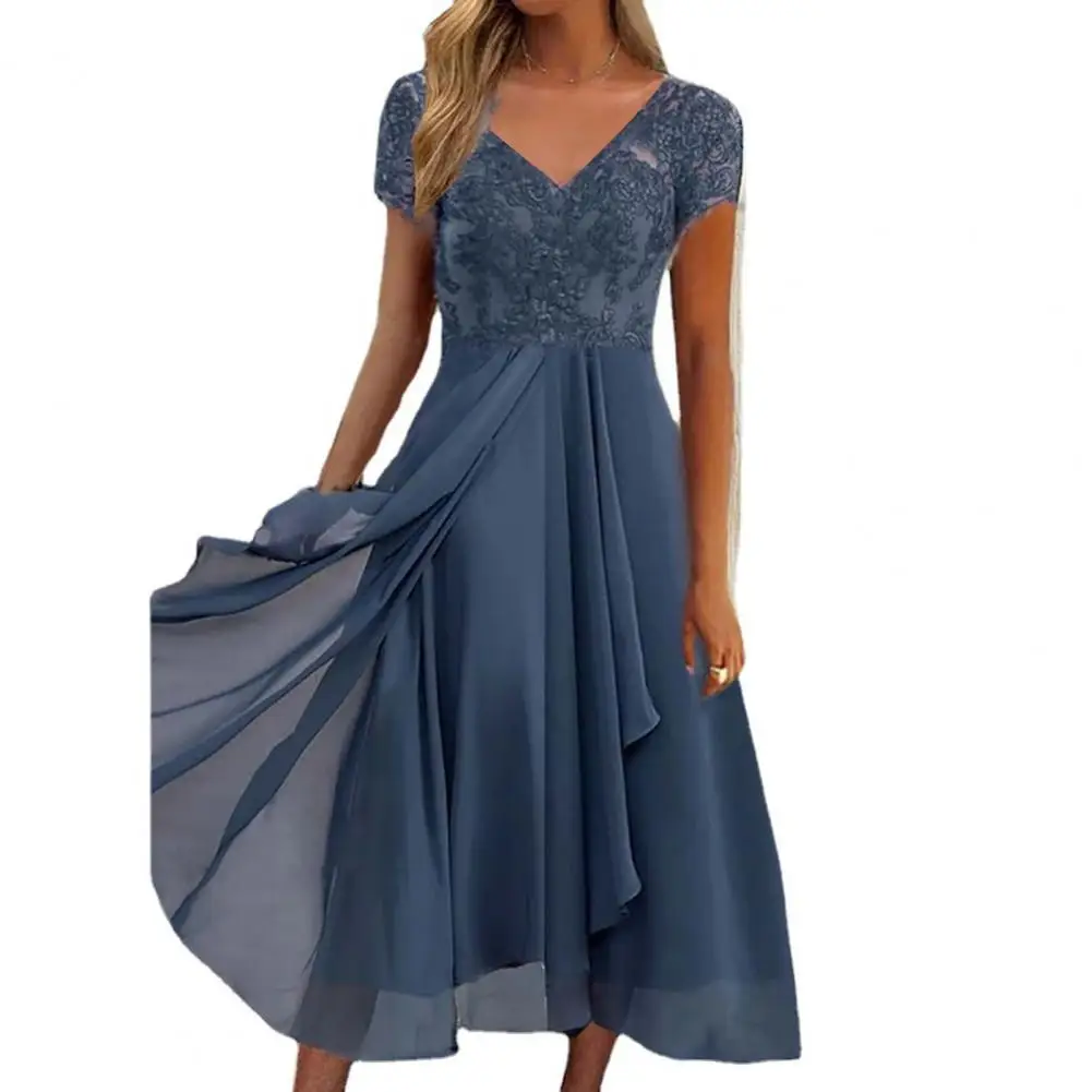 

Evening Dress Waist Tight Breathable Bridesmaid Dress Lady Embroidery Lace Floral Pattern Flowy Hem A-Line Midi Dress