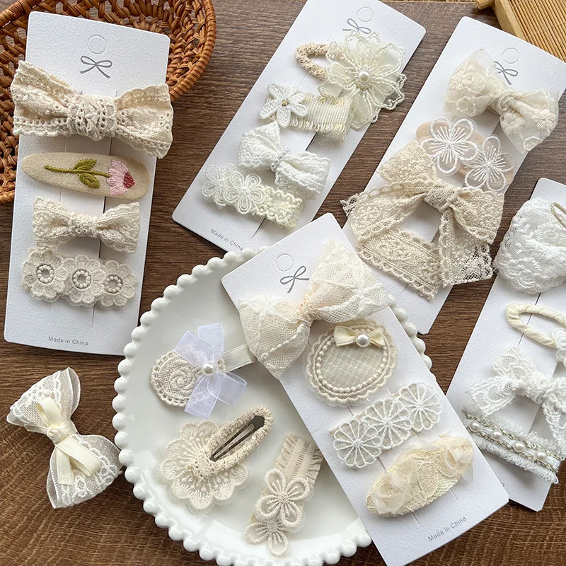 4pcs/set Aesthetic Women Hair Clip Retro Beige Color Hair Pin for Kids Girl Floral Bow Pearl Children Headwear Accessories