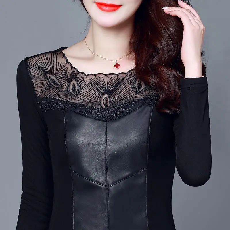 1pcs Women's Blouses Tops 2024 Spring New Fashion Lace PU Leather Splicing Hollow Long Sleeve Primer Ladies Skinny Retro Shirts