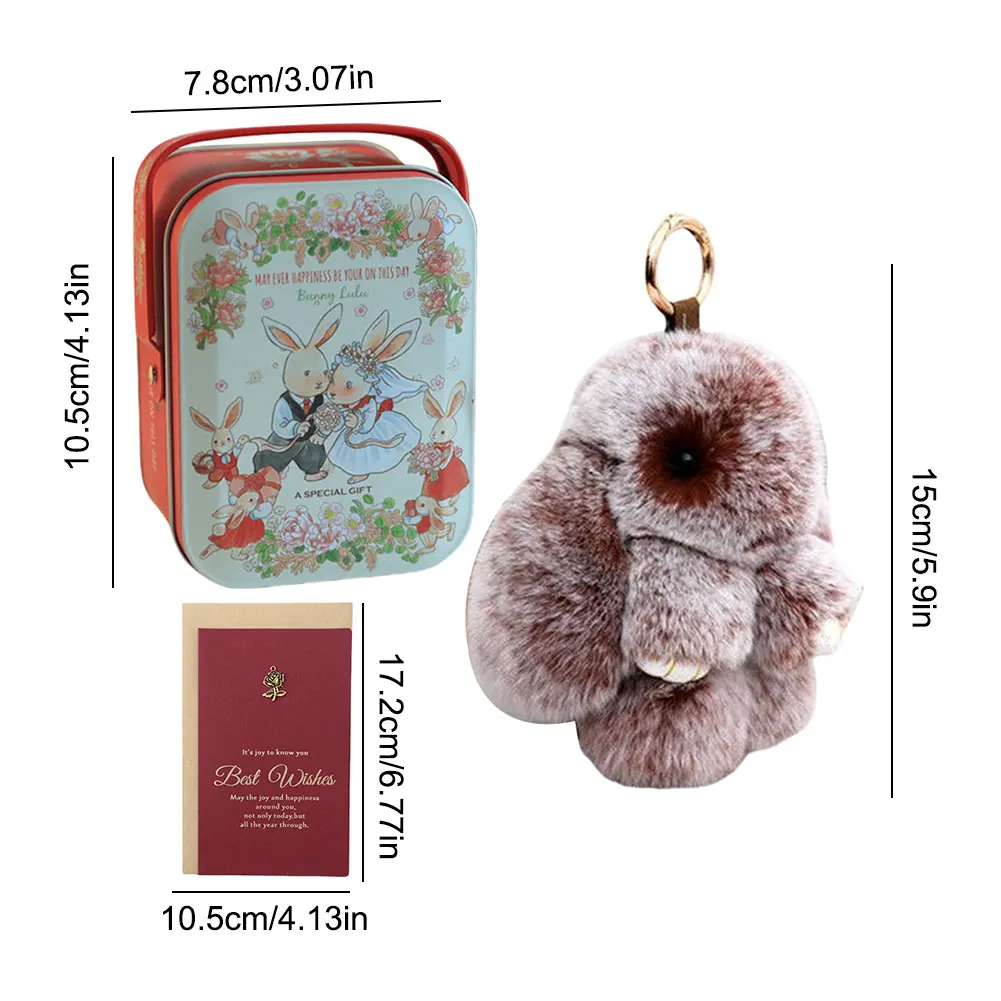 Kawaii Stuffed Animal Keychain Tin Car Key Chain Lovely Bunny Lulu Keyring Pendant with Gift Box & Greeting Card for Bags Keys