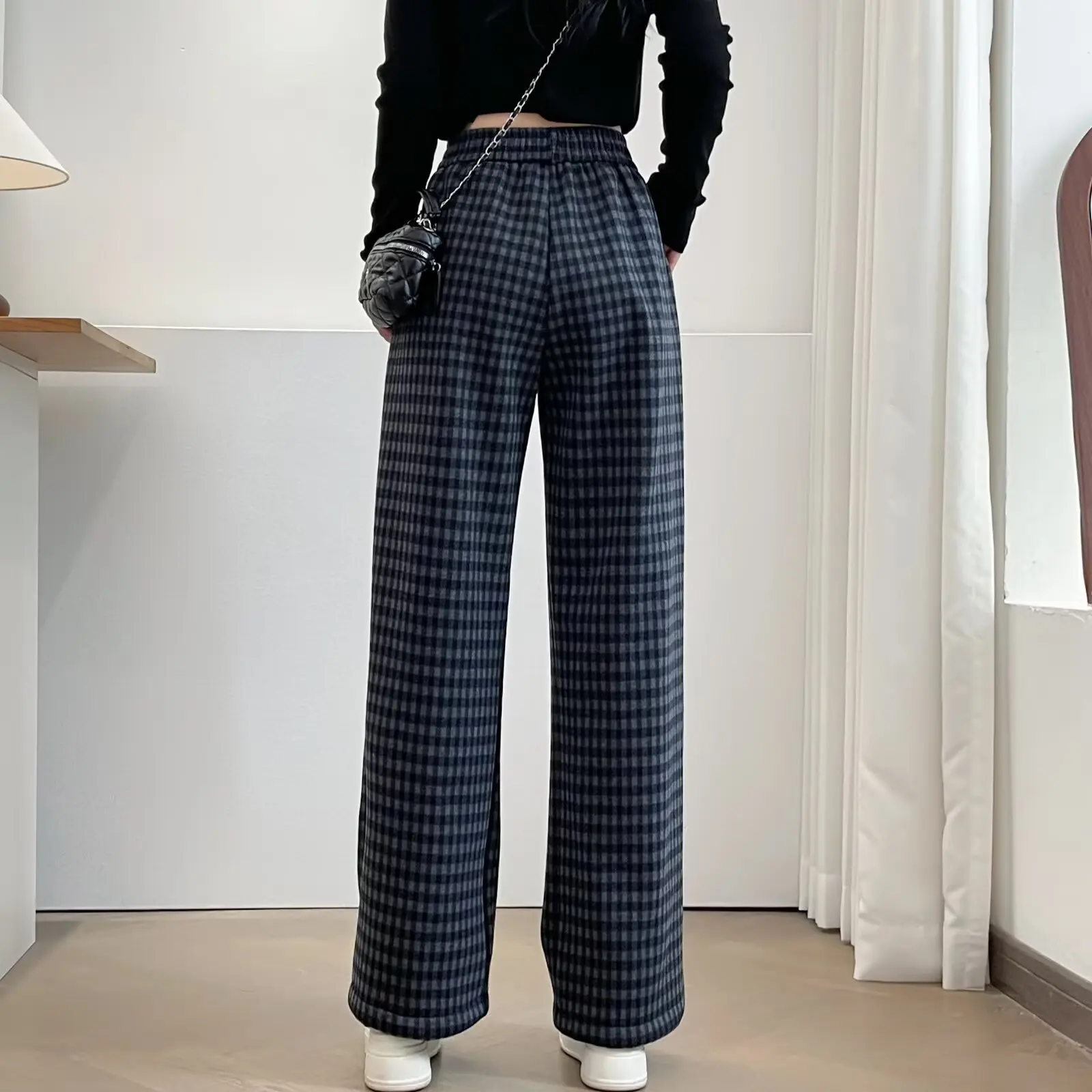 XXXXL Fashion Plus Size Women's Wide Leg Pants Classic And Versatile Oversized Winter 2025 Fleece And Thickened Plaid Trousers