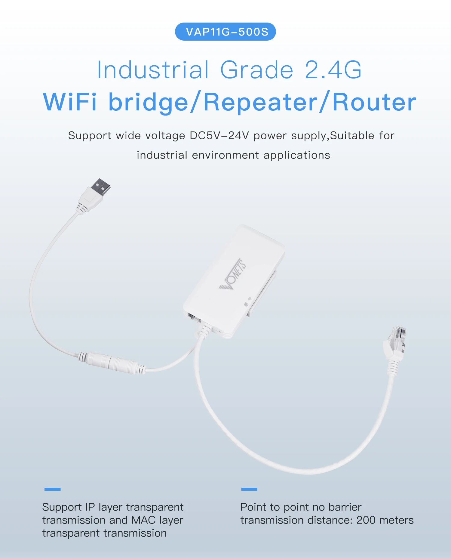 VAP11G-500S 2.4G Industrial Grade Wireless High-Power Mini WiFi Repeater/AP Client/Bridge/Booster/Extender/Amplifier 500Meters