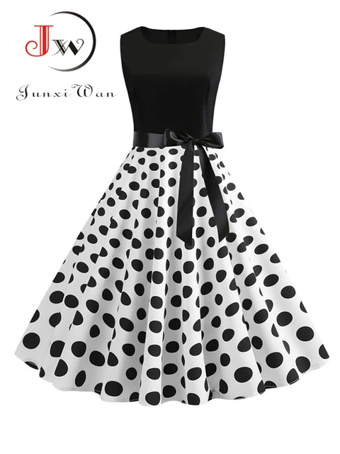 Vestido de verano de retazos lunares mujer, ropa Rockabilly retro de los años 50 y para fiesta y oficina, color blanco y negro _ - AliExpress Mobile