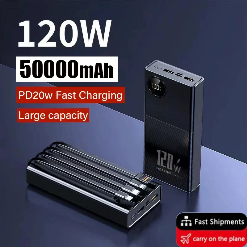 미니소 초고속 보조배터리, 대용량 50000mAh, 다양한 휴대폰에 적합한 4 개의 전선 포함, 120W