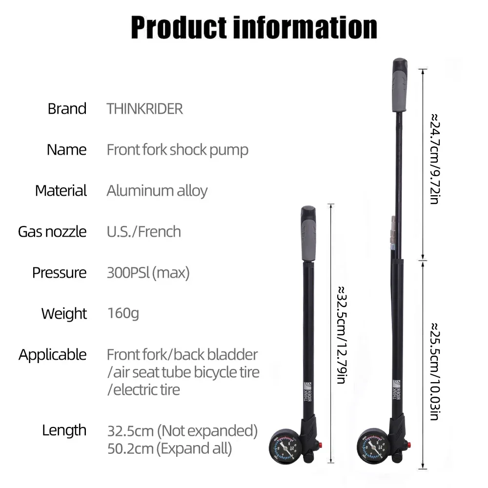 Bike pump ThinkRider Portable High-pressure 300psi With gauge For fork & rear suspension shock absorber Mountain bicycle