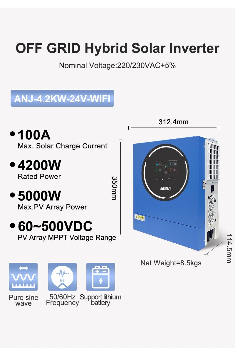 New 4200W 24V Hybrid Solar Inverter MPPT Pure Sine Inverter 230VAC Maximum PV Po