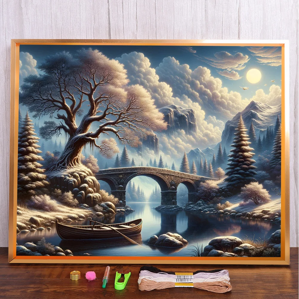 Landschaftsbrücke, vorgedrucktes Kreuzstich-Komplettset, Stickerei, Nähen, Kunsthandwerk, Handarbeit, Hobby, Magic Mulina, Raumdekoration