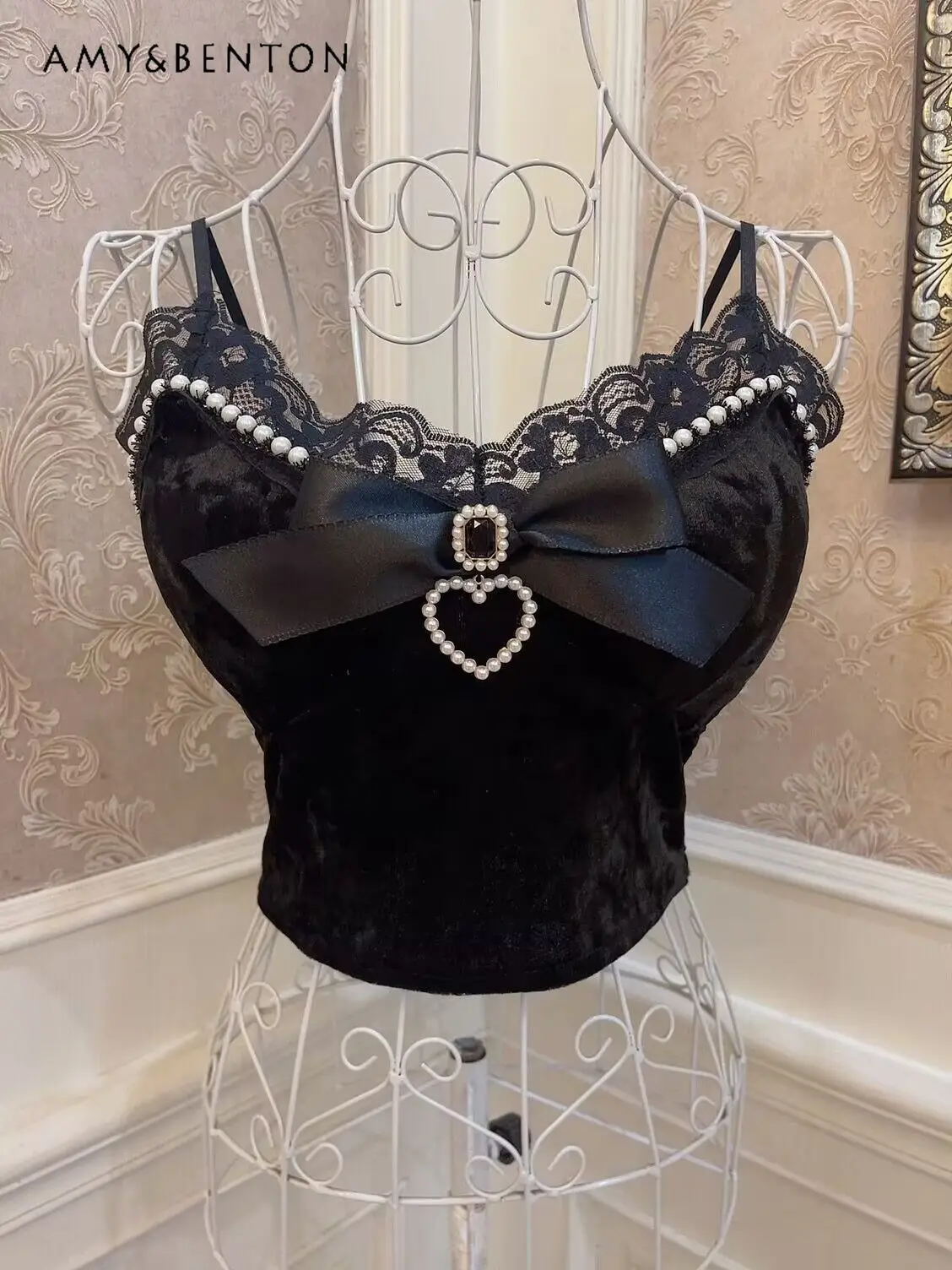 

Japanese Sweet Girl Bow Love Rhinestone Pearl Lace Tank Top Women Autumn New Sexy Slim-Fit Pornhub Crop Top Velvet Y2g Tops