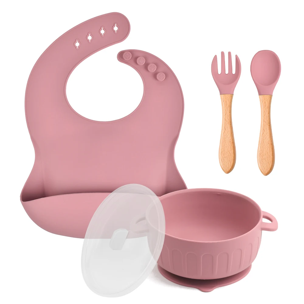 

Baby Bowl Spoon Silicone Dinner Plate Powerful Suction Cup BPA Free Wooden Handle Fork Spoon Child Feeding Set With lid
