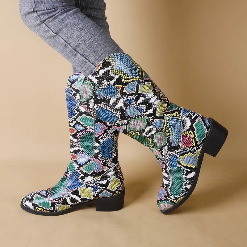 

Зимняя женская обувь 2023, женские ботинки до середины икры без шнуровки, женская обувь с квадратным носком и квадратным каблуком, женские ботинки с принтом