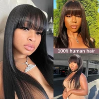 3X1 Middle Part Lace Wig Bone Straight Human Hair Wig With Bangs Brazilian Full Machine Made 100% Human Hair Wigs For Women 2