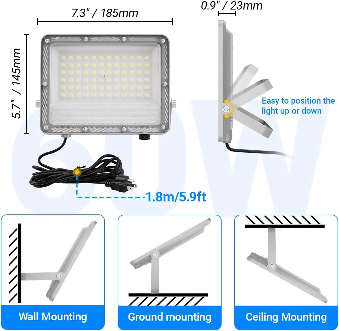 100W200W 플러그인 LED 투광등 실외용, 밝은 LED 작업등 플러그 포함, IP65 방수 6000K 투광 조명 백야드용