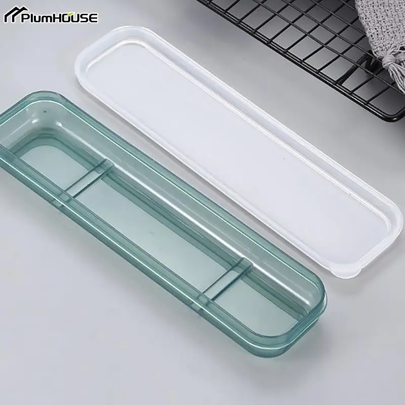 Travel Outdoor Reusable Wheat Straw Tableware Box School Home Slot Design Cutlery Storage Box Transparent Case Spoon