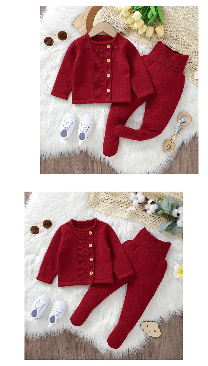 Infant Girls Clothes Sets Autumn Solid Long Sleeve Sweaters Cardigans+Pants Newborn Knitted Outfits 0-9m Toddler 2pcs Tracksuits