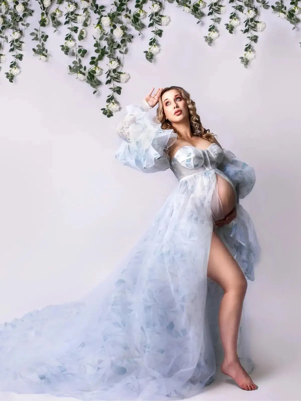 Floral Printing Maternity Dresses Photography Pregnant Gowns Removable Sleeve Pregnancy Women Photoshoot Dress 14509#