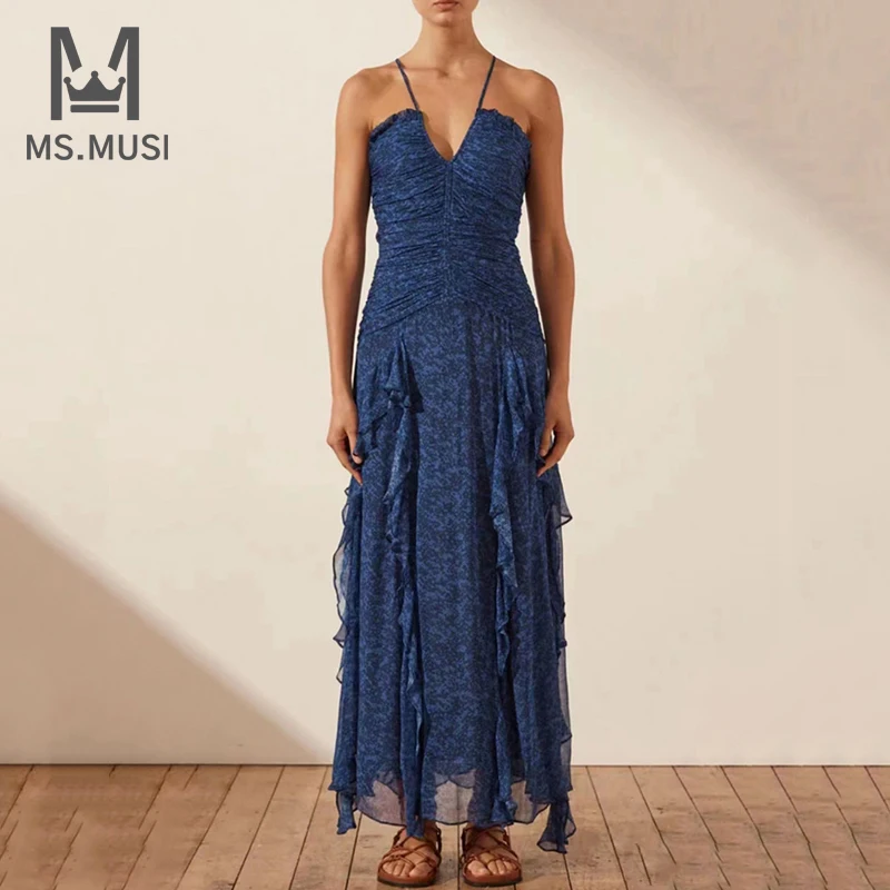 

MSMUSI 2023 New Fashion Women Sexy Strap Floral Printing Ruffles Draped Fold Sleeveless Backless Bodycon Party Club Midi Dress