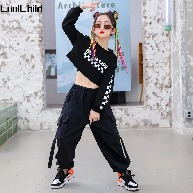 Hip Hop Girls Crop Top Joggers Jazz Clothes Sets Children Streetwear Street  Dance Cargo Pants Kids Balck Goth Stage Costumes
