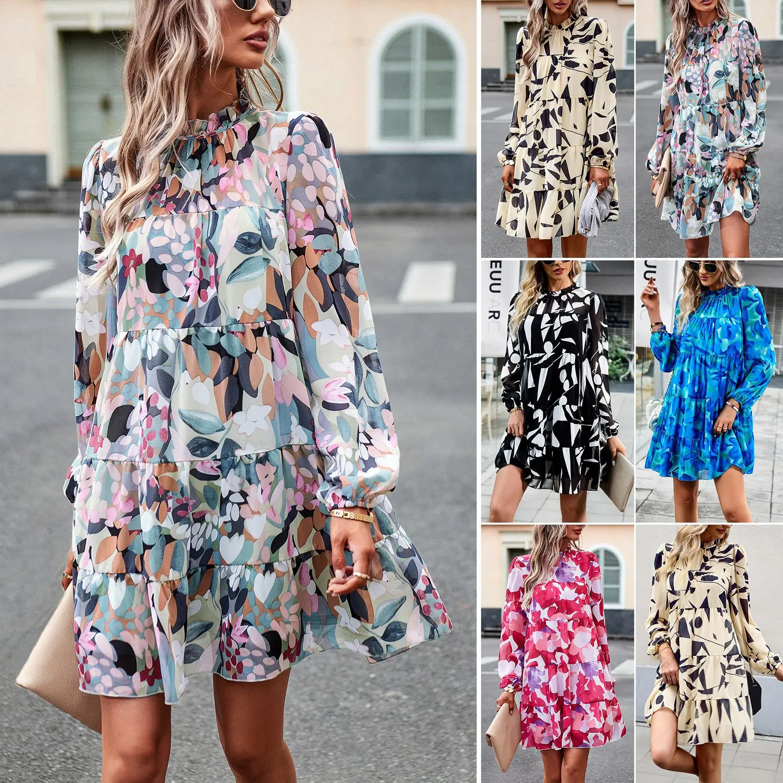 

Printed Dress 2023 Autumn/winter Women's Elegant Temperament Long Sleeved Short Skirt