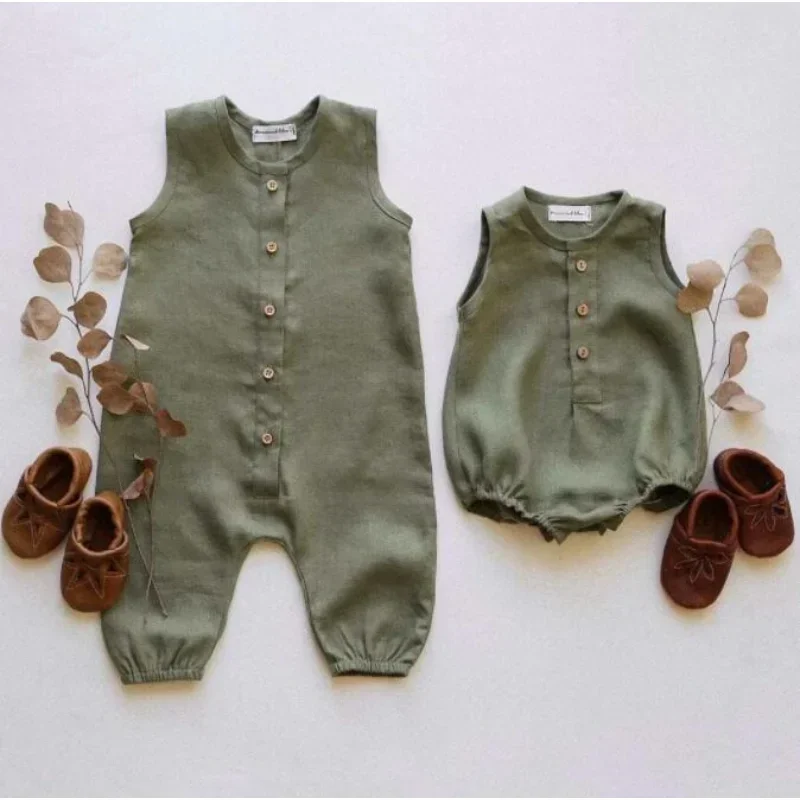 Summer Infant Baby Boys Girls pagliaccetto cotone lino Baby tuta bottone petto solido senza maniche bambini Playsuit Clothes