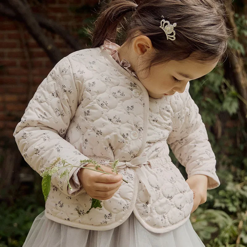 Winter New Girls Cute Print Parkas Fragmented Flowers Waist Children's Cotton Coat