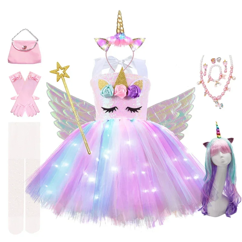 Girls Rainbow Unicorn Light Up Tutu Dresses for Kids Birthday Party Sequins Glowing Knee Length Dress