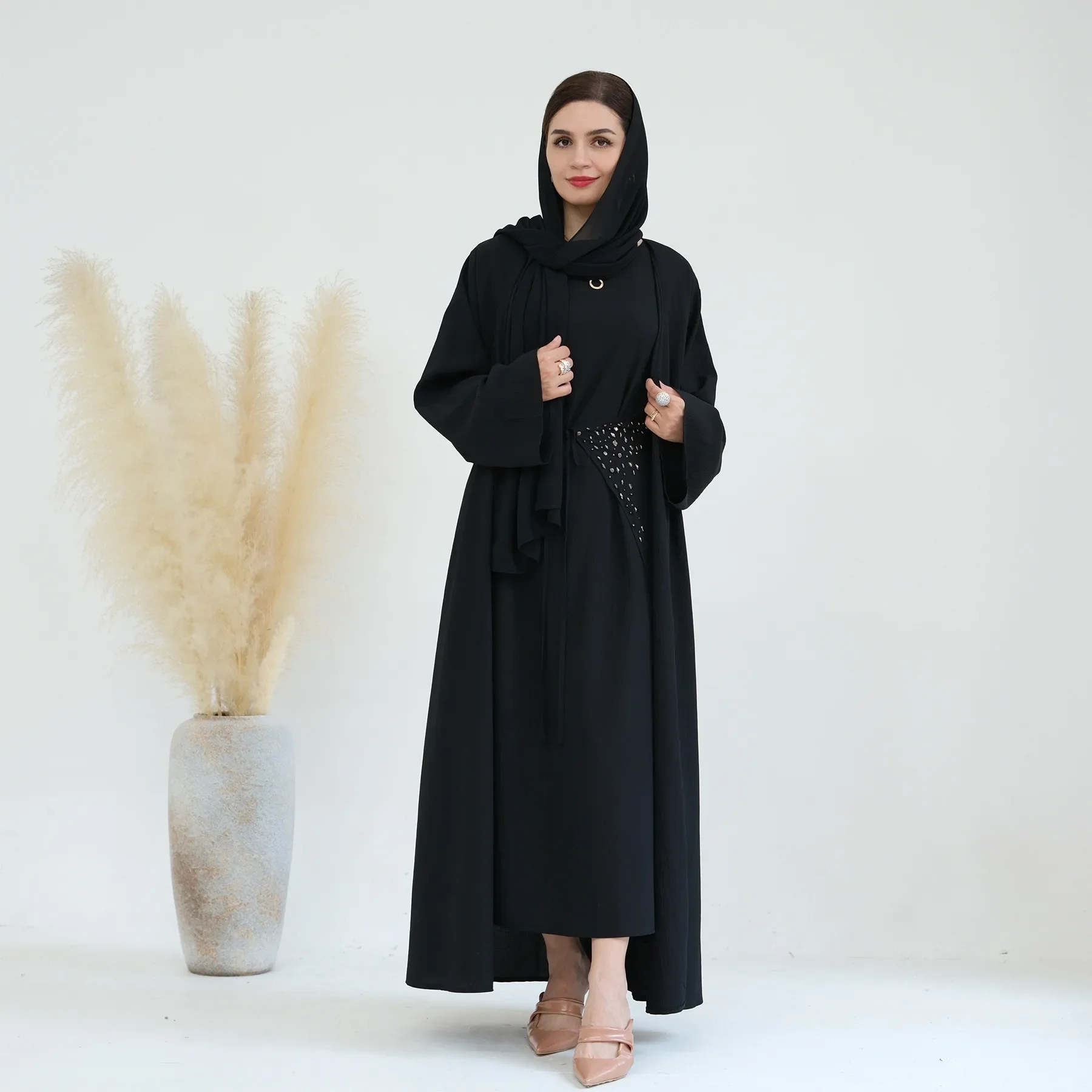 3 Piece Abaya Kimono Wrap Skirt Matching Outfit Muslim Sets Turkey Hijab Dress Pineapple Crepe Open Abayas for Women Dubai Islam