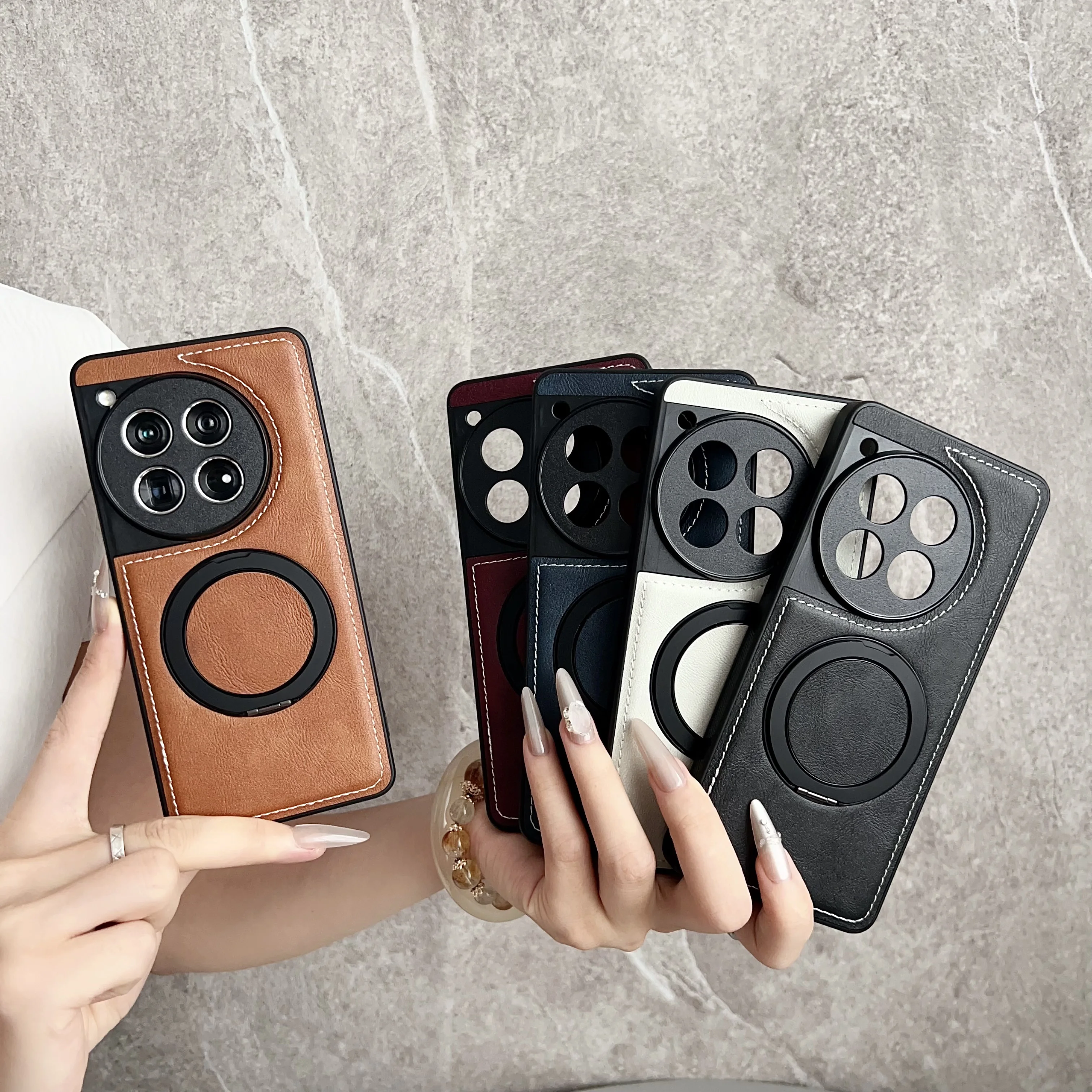 Rotating Magnetic Leather Texture Phone Case with Magsafe Ring Holder and Bumper Cover
