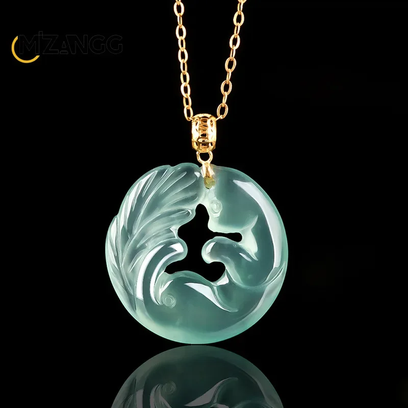 

Authentic Natural Jadeite Blue Water Nine-tail Fox Pendant 18K Gold Inlaid Ice Kind of Women's Jade Necklace Fashion Jewelry