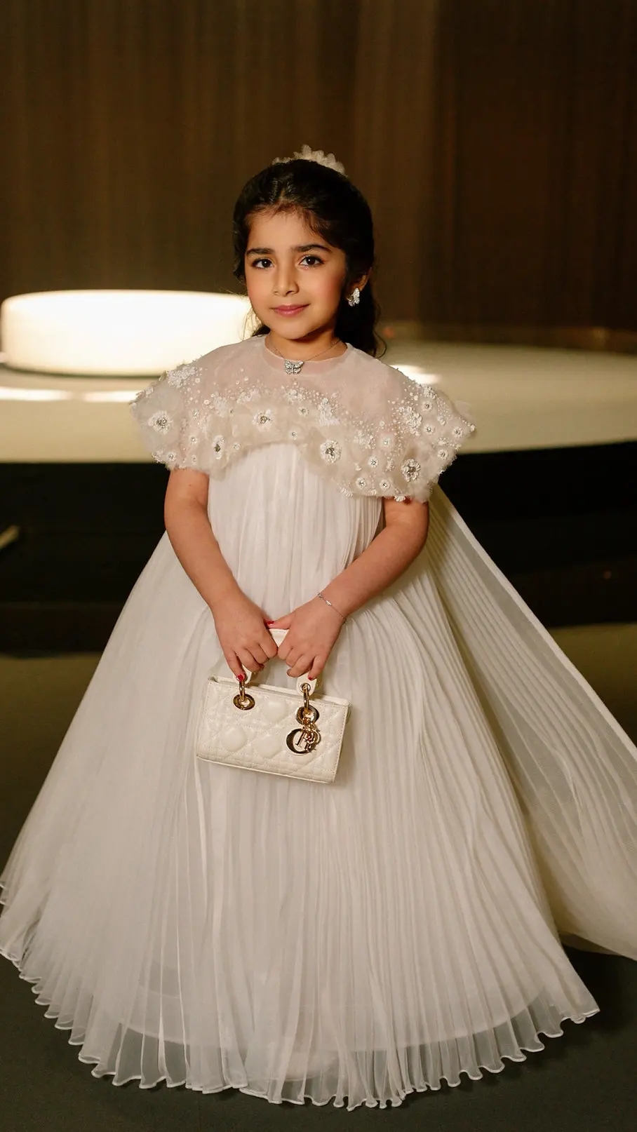 BABYONLINE Communion Gown Girl Cape Sleeve Crystal Pearl Stones Full Satin Floor-length Skirt Ball Gown Ceremony