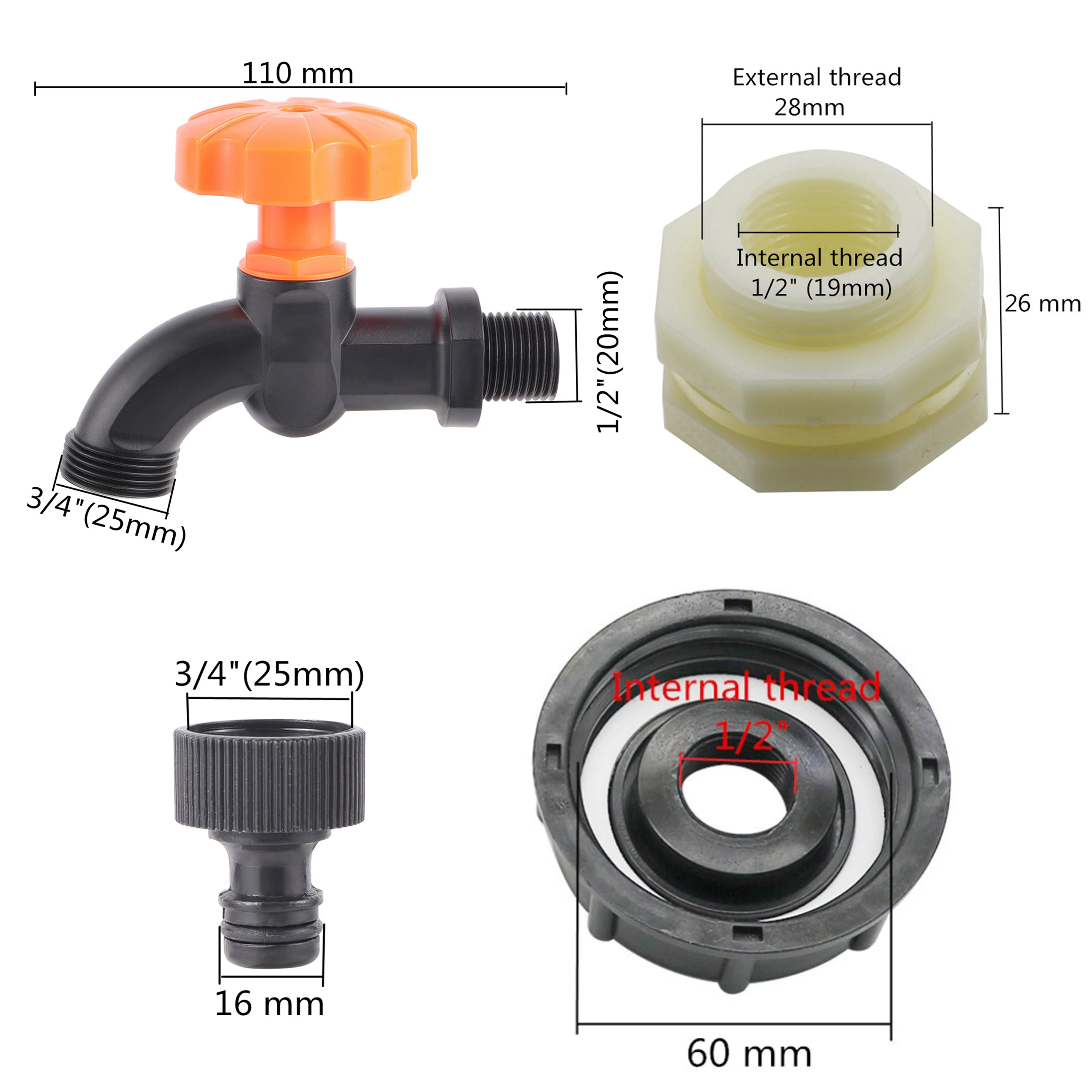 S60X6 IBC Tank Adapter 1/2"Thread  Faucet Garden Hose Faucet Lengthen Connector Water Tank Adapter Fittings 1Pcs