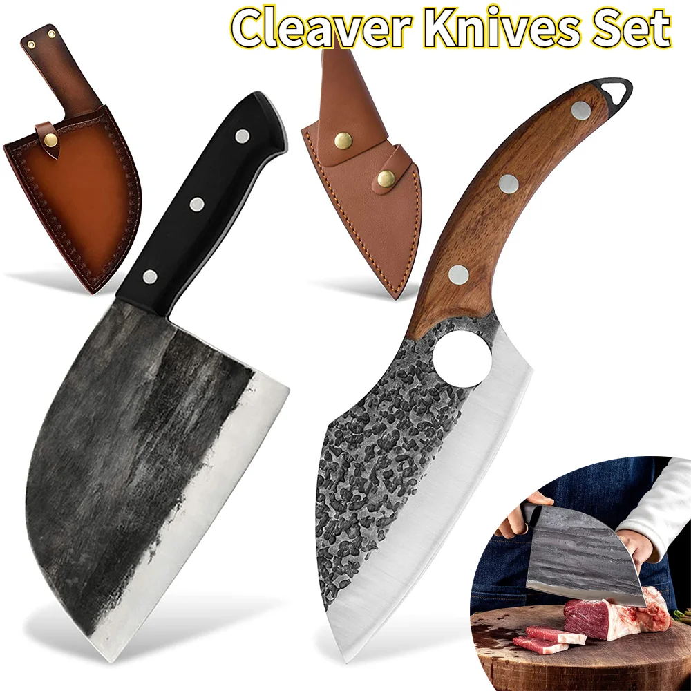 Handmade Forged Butcher Knife Serbian Cleaver Kitchen Set With Leather Sheath Slicing Full Tang Boning Hunting | Дом и сад
