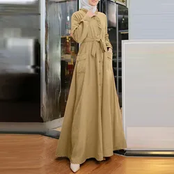 Women's Muslim Style Arabic Robe Elegant Long Sleeved Solid Lace Standing Collar Female Clothing Fashionable Lace-up Waist Dress