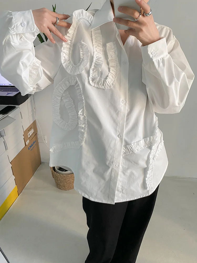 

Women White Ruffles Big Size Elegant Blouse New Lapel Long Sleeve Loose Fit Shirt Fashion Tide Spring Autumn 2022 C352
