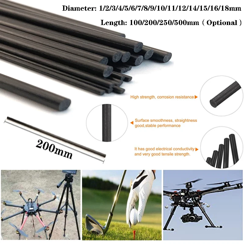 1/5/10pc 탄소 섬유 원형 막대 D:1-18mm(L:100/200/250/500mm) RC 비행기 용 고강도 경량 DIY 복합 액세서리