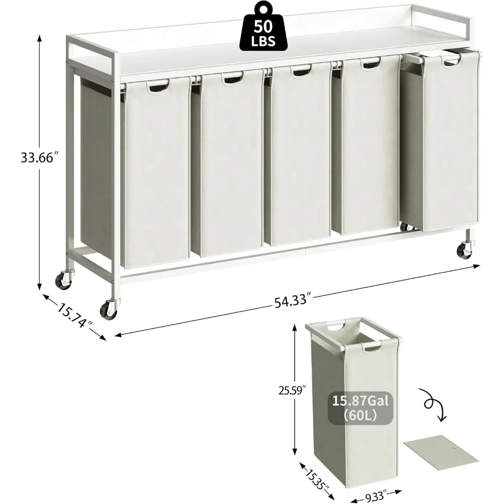 Laundry Hamper with Shelf, Laundry Basket 5 Section, Sorter with Pull-Out Removable Large Bags and Movable Wheels