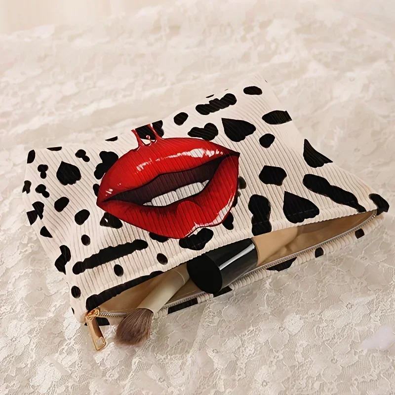 Leopard Print & Red Lips Pattern Cosmetic Bag - Polyester Makeup Pouch with Zipper, Chic Toiletry Organizer, Lined Travel Case